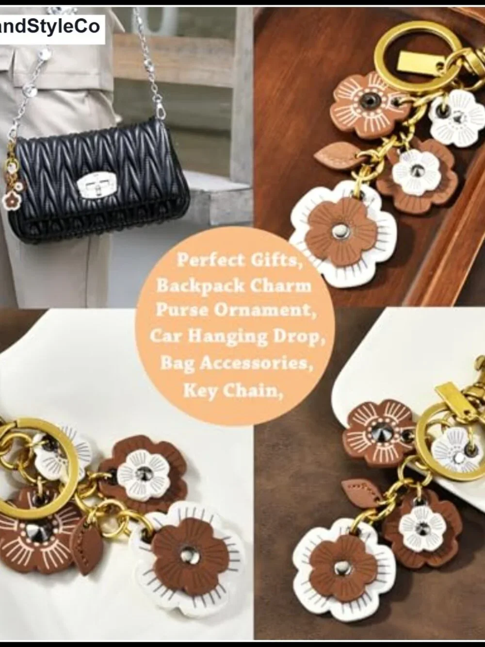 Leather Camellia Flower Bag Charm Keychain Vintage Handbag Wallet Decor